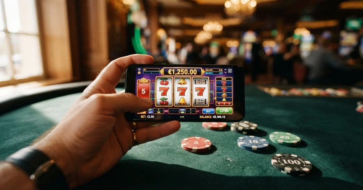 Una mano che tiene uno smartphone con una slot machine sullo schermo, sullo sfondo la scritta «50 giri gratis» con un lucchetto aperto