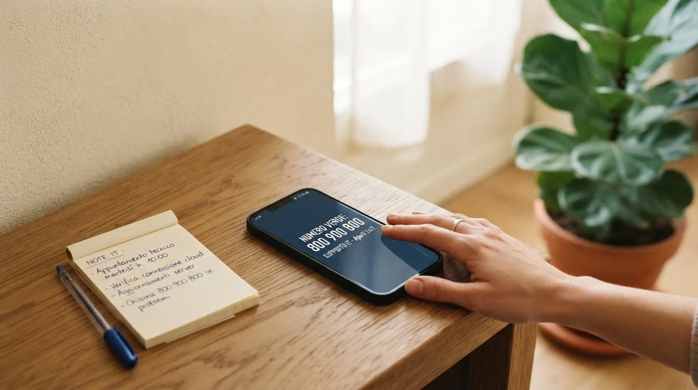 Un telefono fisso bianco con la cornetta sollevata, accanto un biglietto con un numero verde scritto a mano