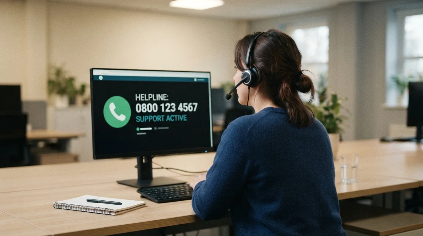 Un operatore telefonico con cuffie risponde a una chiamata, sullo sfondo il logo del Telefono Verde Nazionale Gioco d'Azzardo