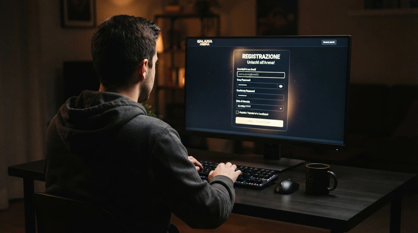 Un giocatore di spalle davanti a uno schermo con la schermata di registrazione di un crypto casino, senza campo «documento» visibile