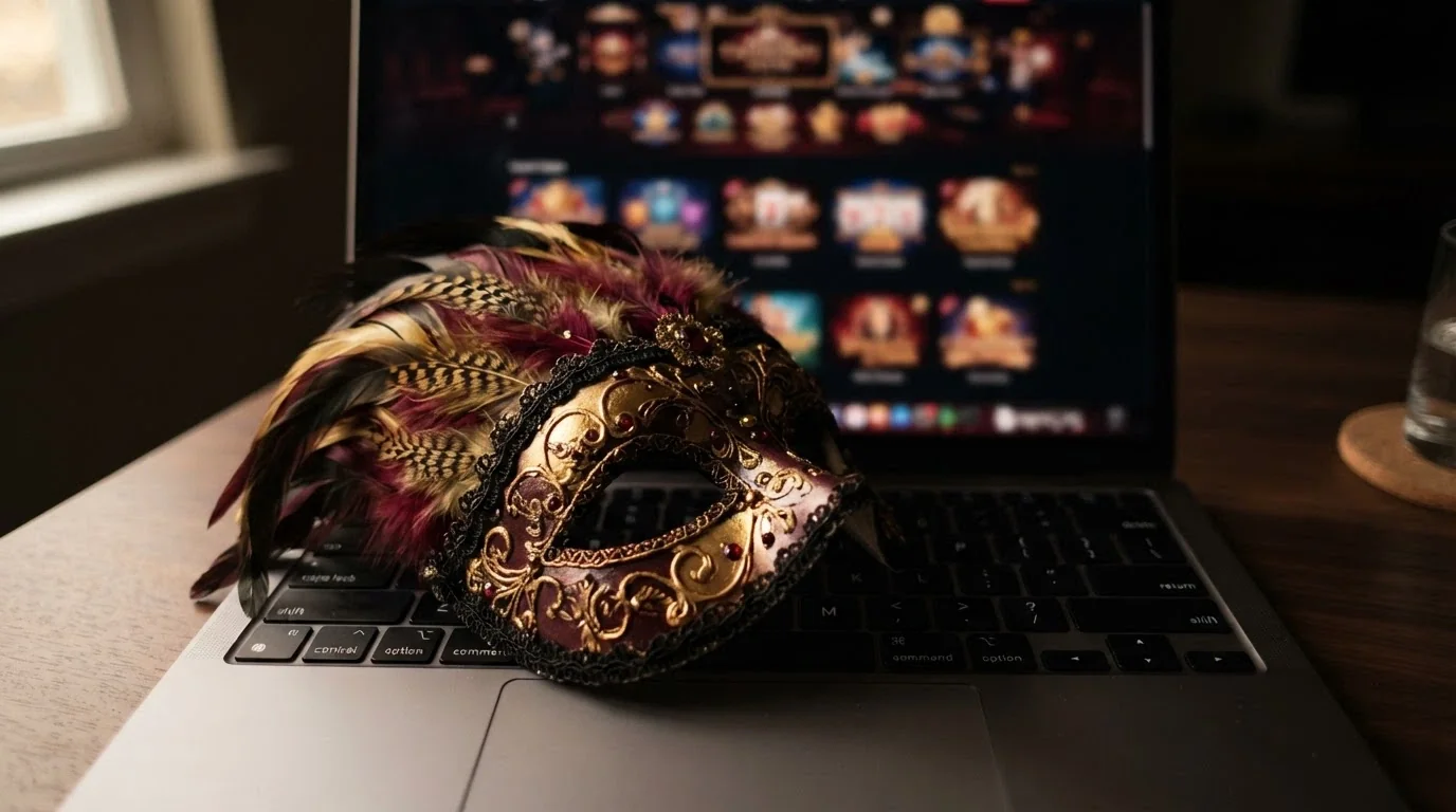 Una maschera veneziana stilizzata appoggiata sulla tastiera di un computer con lo schermo che mostra la homepage di un casinò online
