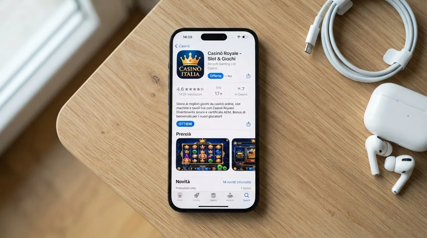 Pagina dell'App Store italiano con la scheda di un'app casinò ADM in evidenza, valutazione in stelle, descrizione e pulsante Ottieni
