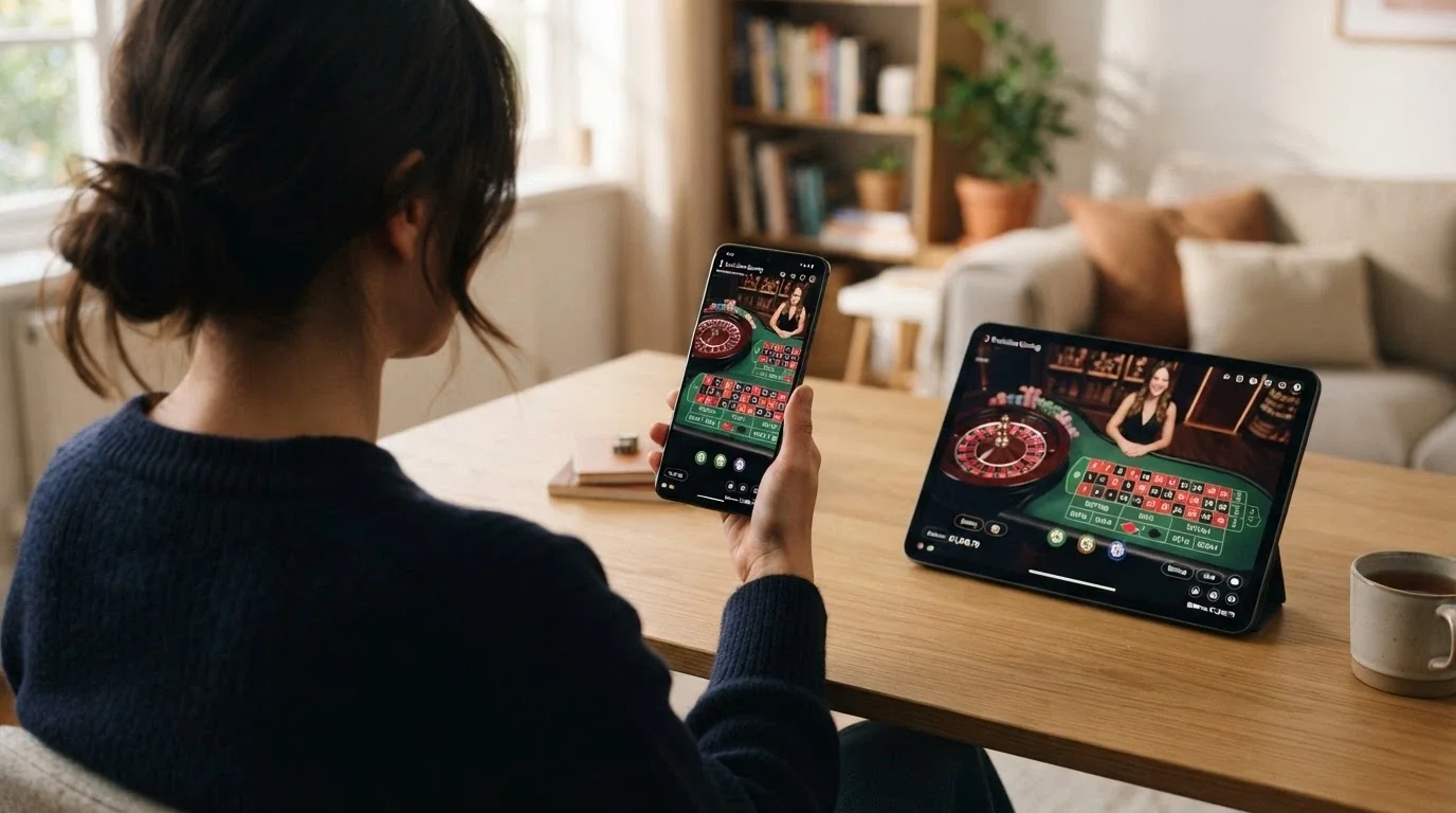 Uno smartphone in mano con l'interfaccia di un casinò ADM aperta su un tavolo live, accanto a un tablet con la stessa schermata