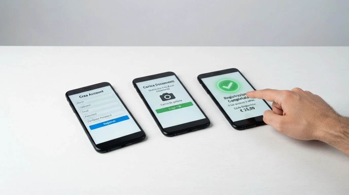 Sequenza di schermate che mostra i passaggi di attivazione di un bonus senza deposito: registrazione, verifica KYC, accredito