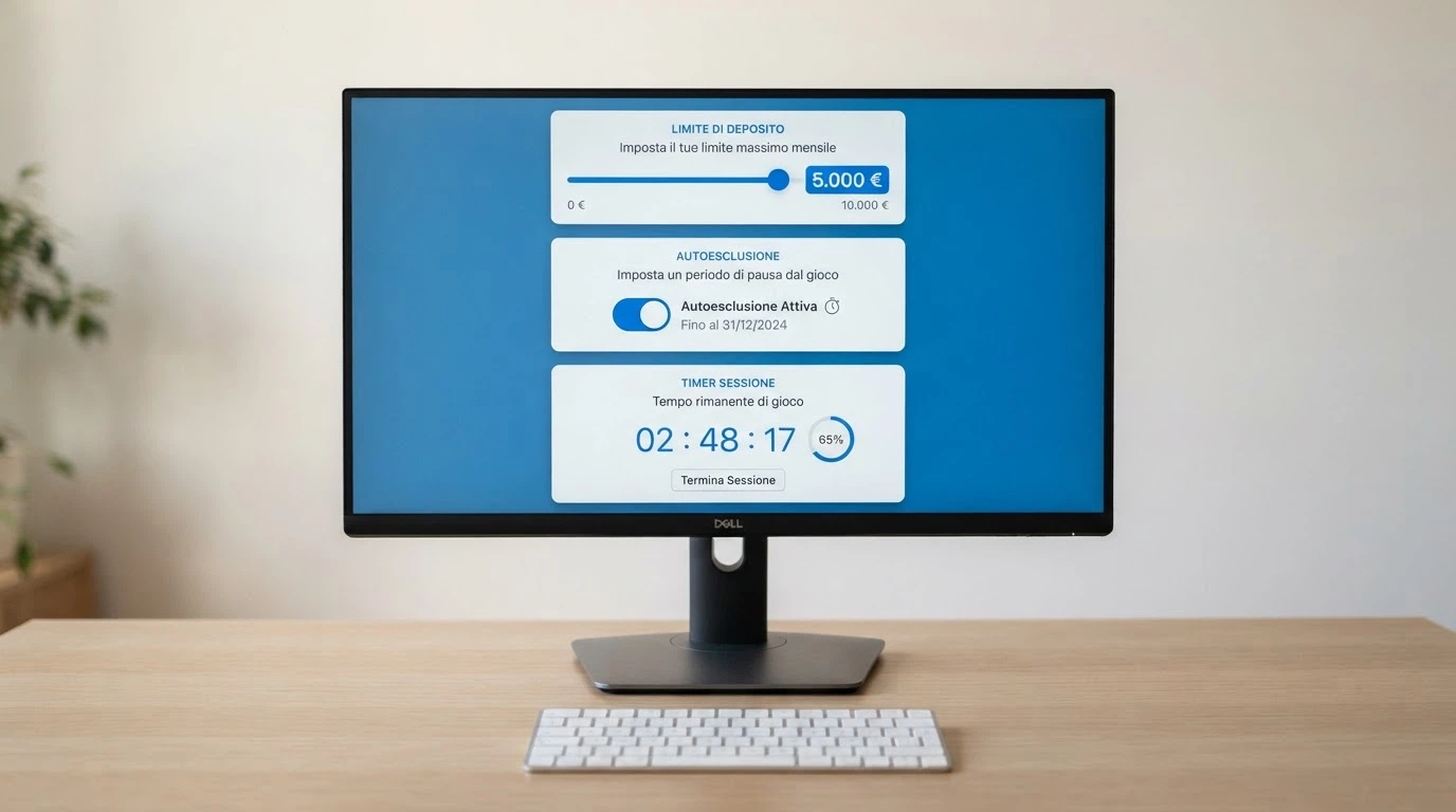 L'interfaccia di un pannello di controllo con opzioni di limite di deposito, autoesclusione e timer di sessione, su schermo desktop