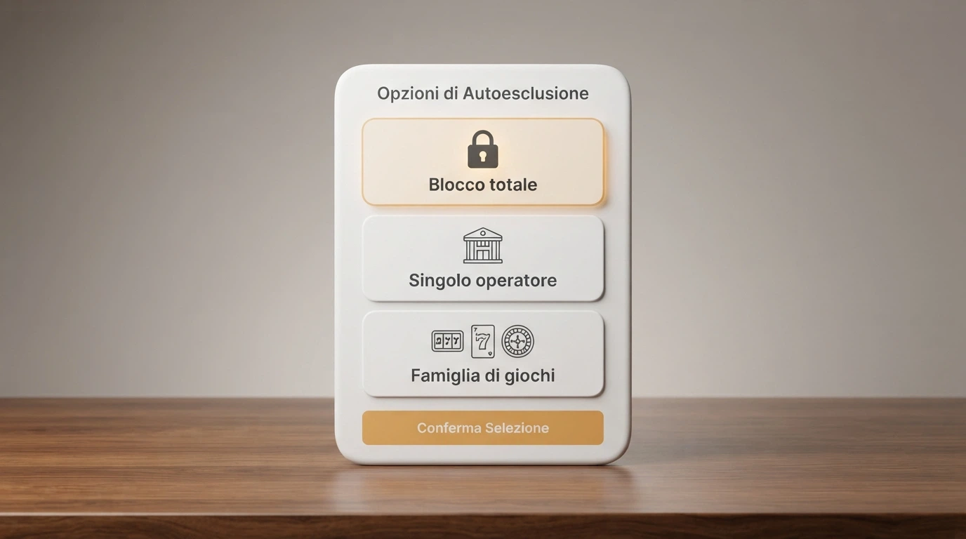 Un'interfaccia stilizzata di autoesclusione con tre opzioni: blocco totale, blocco per singolo operatore, blocco per famiglia di giochi — come introdotte nel 2026