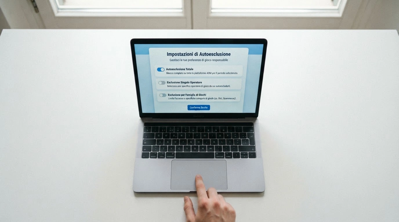 L'interfaccia di accesso al Registro Unico degli Autoesclusi con le opzioni di autoesclusione totale, per concessionario e per famiglia di giochi