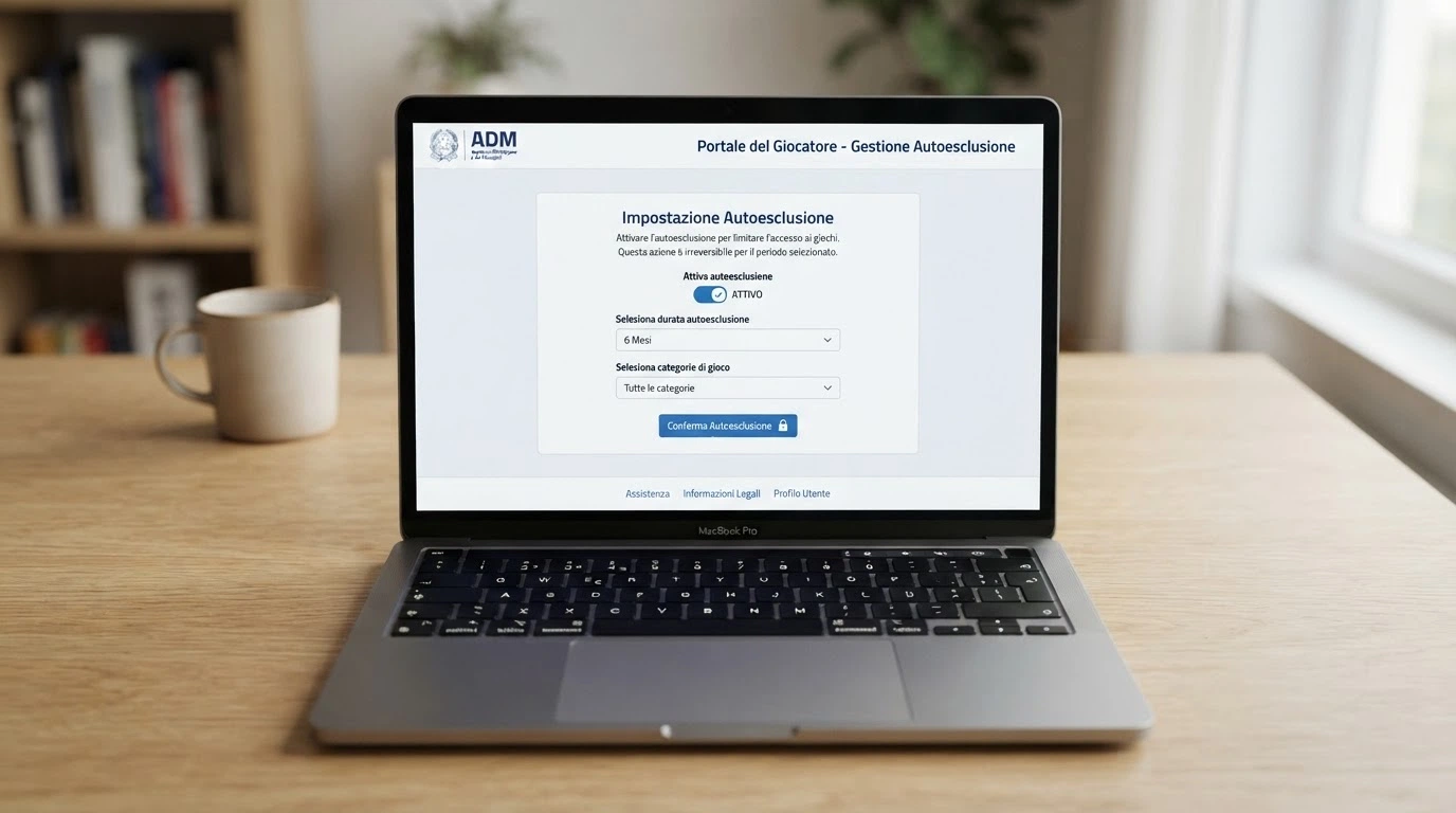 L'interfaccia di un portale web con un interruttore «Attiva autoesclusione» e opzioni per durata e categoria