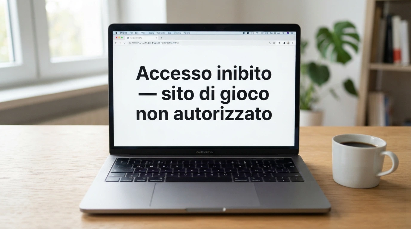 Una schermata di browser che mostra l'avviso di sito oscurato dall'ADM, con il testo «Accesso inibito — sito di gioco non autorizzato» in italiano