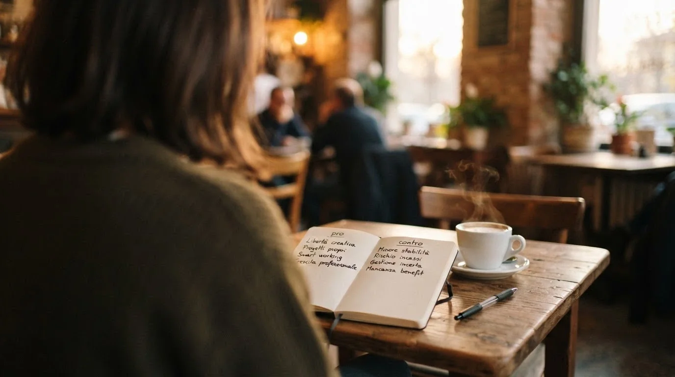 Una persona seduta al tavolo di un bar con un taccuino aperto, due colonne di appunti («pro» e «contro») e una tazza di caffè accanto