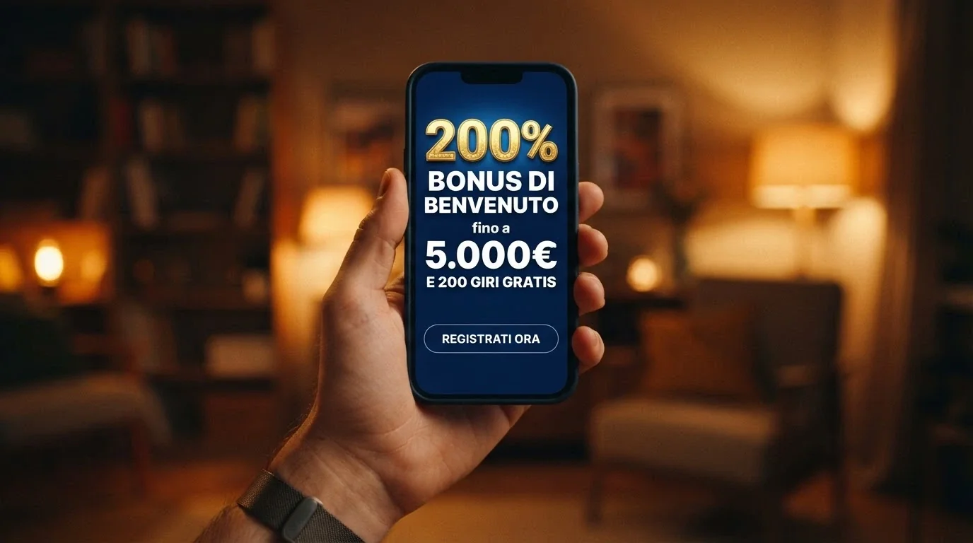 Interfaccia dell'offerta di benvenuto AdmiralBet con l'importo del bonus 200% fino a 5.000€ in evidenza