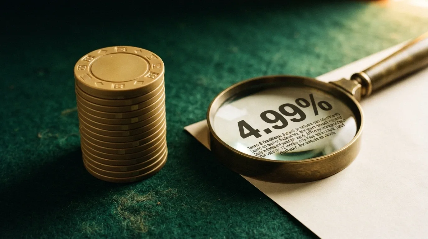 Una pila di gettoni da casinò dorati con il simbolo BNB impresso, accanto a un contratto con lente d'ingrandimento sul wagering