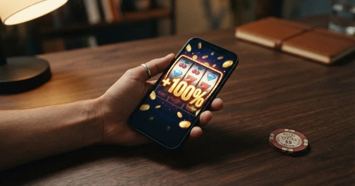 Un primo piano di una mano che scorre su uno smartphone con l'interfaccia di un casinò online, sullo sfondo una grafica che mostra «+100%» in evidenza