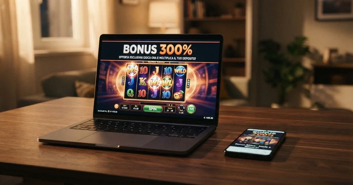 Una schermata di casinò online con un riquadro promozionale «Bonus 300%» in evidenza e slot machine illuminate sullo sfondo
