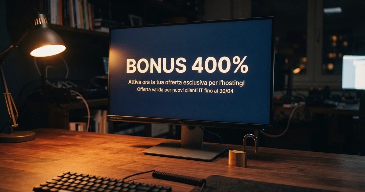 Uno schermo di computer con la scritta «Bonus 400%» in evidenza e un lucchetto aperto accanto, su sfondo scuro
