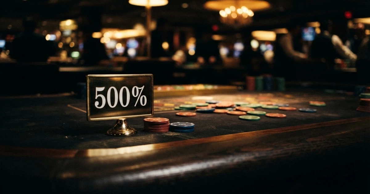Un tavolo da casinò con fiches e un cartello promozionale «500%» in primo piano, su sfondo scuro