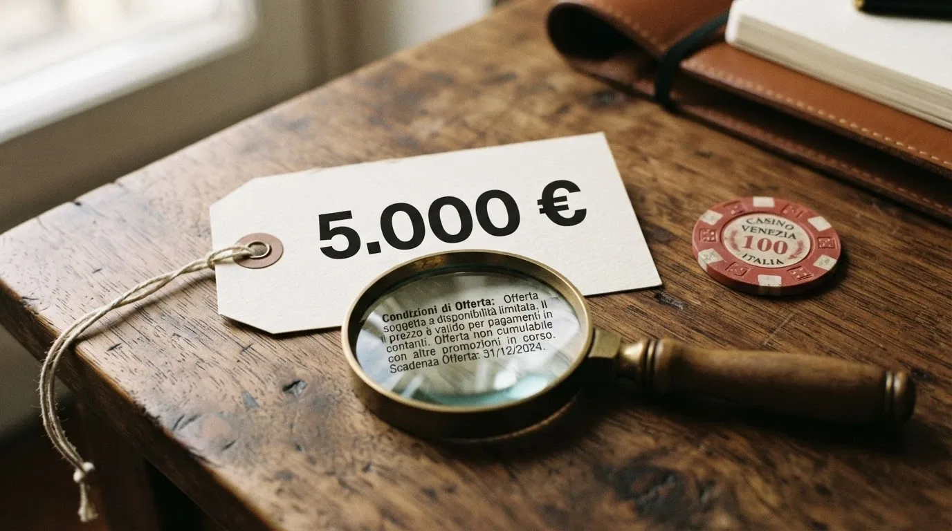 Una lente di ingrandimento su un cartellino «Bonus 5.000€» che rivela in piccolo le condizioni di wagering e la scadenza ravvicinata