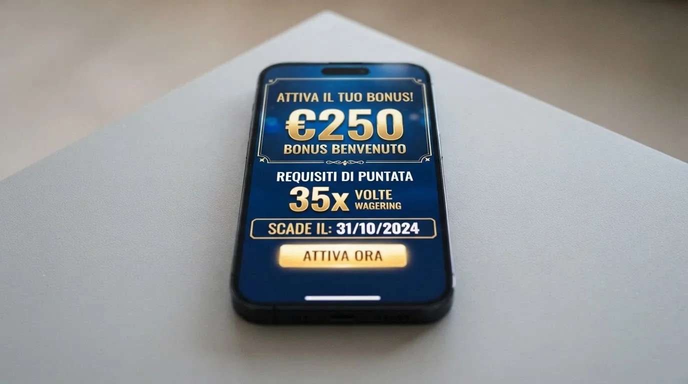 Schermata di attivazione di un bonus di benvenuto su app casinò iPhone con l'importo del bonus, il requisito di puntata e la data di scadenza in evidenza