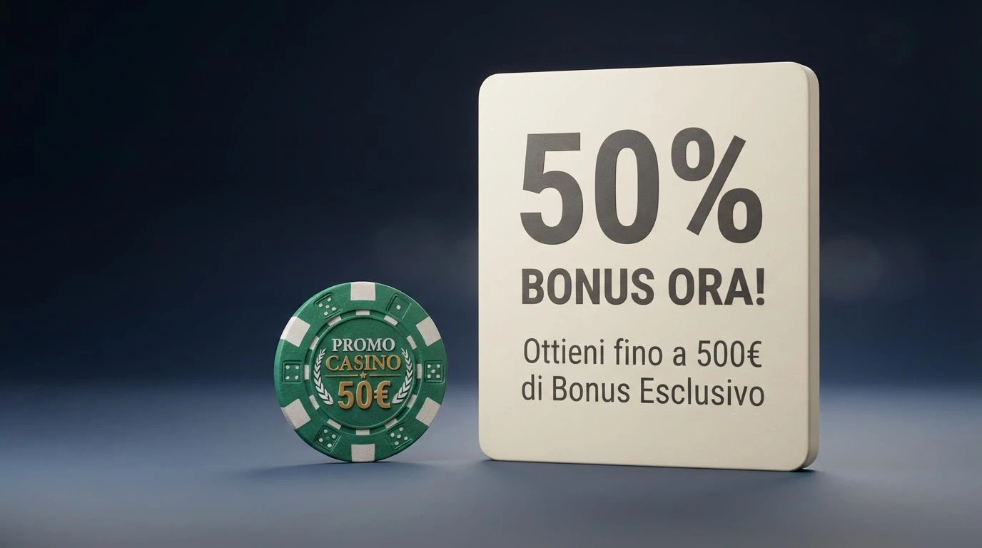 Un riquadro promozionale di un casinò ADM con i termini del bonus: percentuale, importo massimo, deposito minimo e requisito di wagering