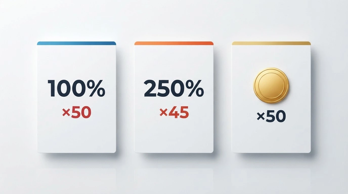 Tre carte bonus affiancate con percentuali diverse (100%, 250%, 1 BTC) e in sovrimpressione il moltiplicatore di wagering corrispondente