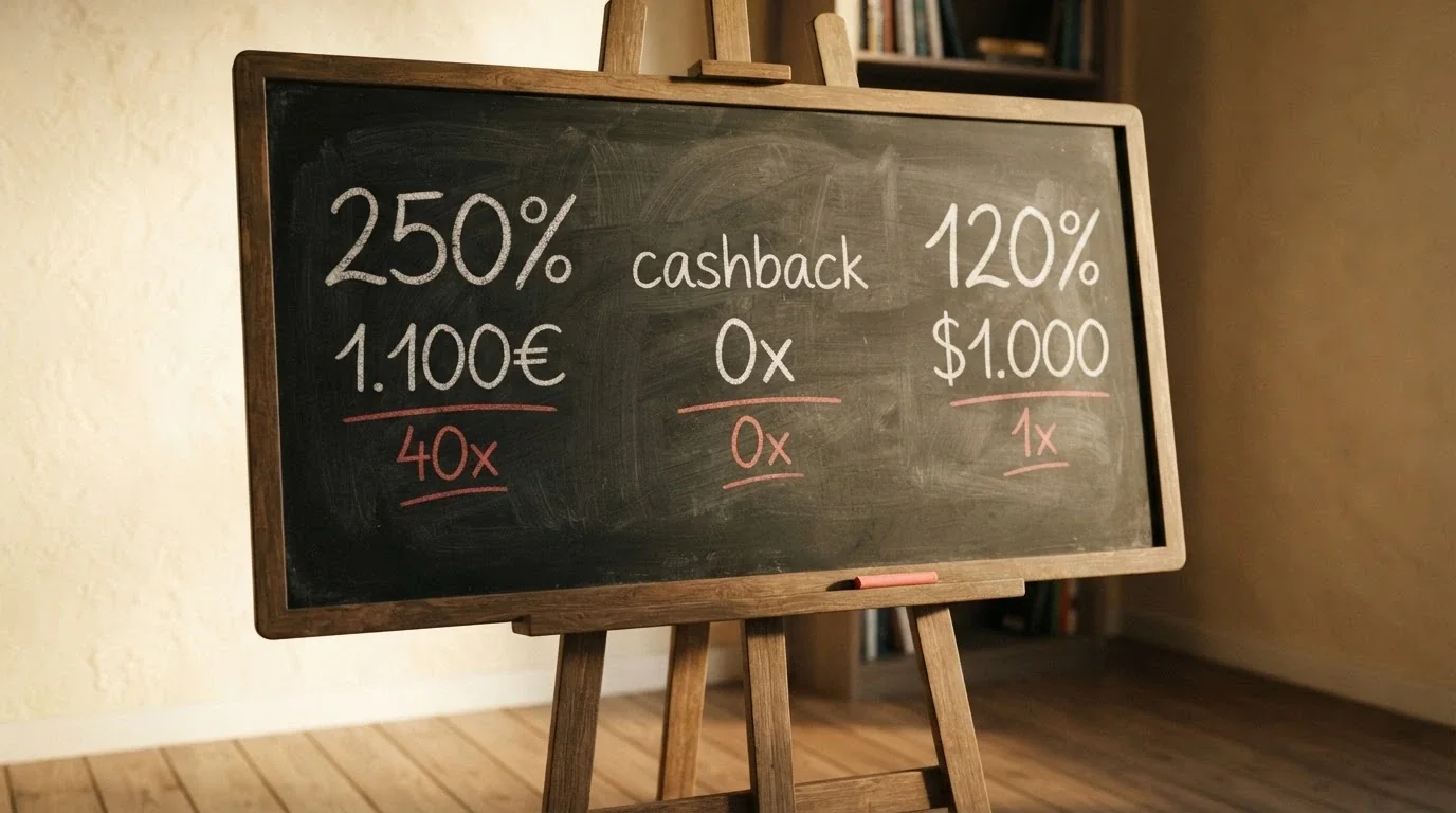 Una lavagna con tre bonus scritti in gesso — 250% fino a 1.100€, cashback 0x, 120% fino a $1.000 — con il requisito di puntata sottolineato in rosso sotto ciascuno