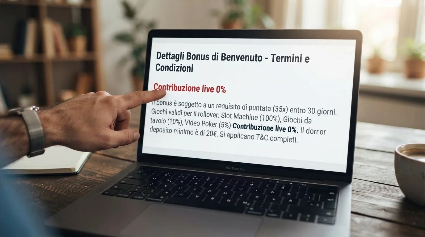 Un primo piano di un bonus benvenuto su schermo con la voce «contribuzione live 0%» evidenziata in rosso e le condizioni di wagering in piccolo sotto