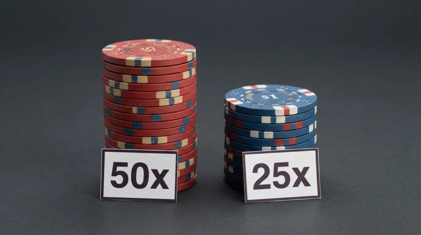 Una pila di fiches da casinò con un cartellino che riporta «50x wagering» e una seconda pila più piccola con «25x»