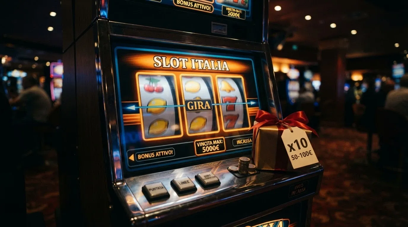 Un regalo virtuale con la scritta «bonus senza deposito» accanto a una slot machine luminosa, con un'etichetta che indica il wagering e il tetto alle vincite
