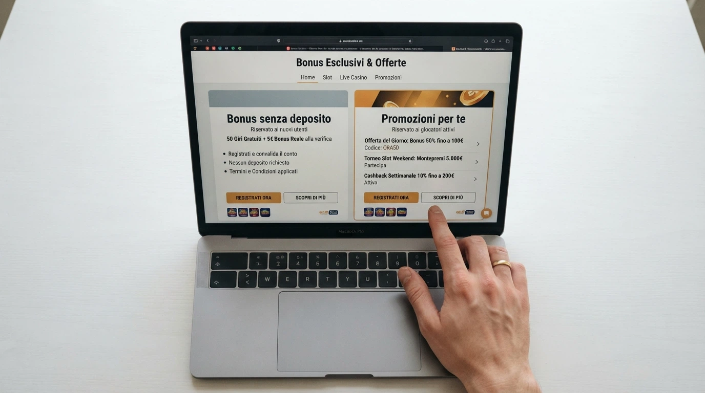 La schermata promozioni di un casinò online mostra un riquadro «Bonus senza deposito» con la dicitura in piccolo «Riservato ai nuovi utenti» e un secondo riquadro «Promozioni per te» dedicato ai già registrati.