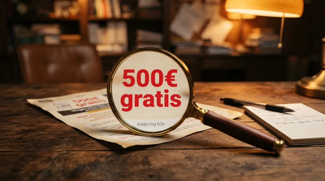 Una lente di ingrandimento su un'offerta «500€ gratis» con la scritta «wagering 60x» in piccolo sotto