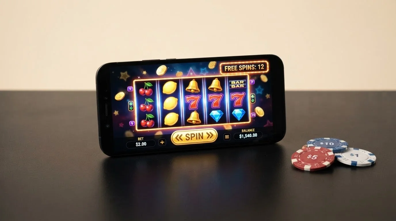 Un primo piano di una slot machine online su schermo con l'indicazione dei free spin attivi