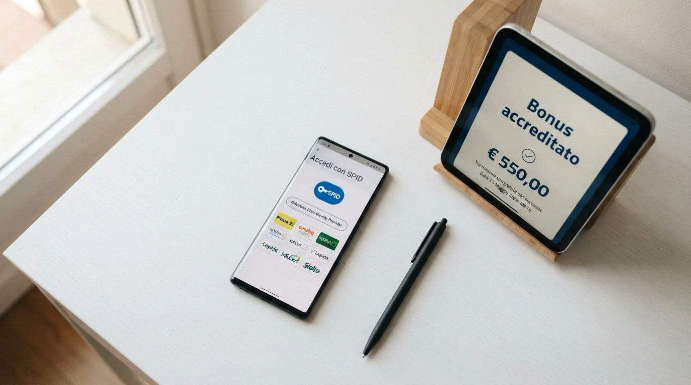 Uno smartphone con la schermata di login SPID accanto a un pannello che mostra l'accredito del bonus senza deposito (importo in euro e giri gratis)