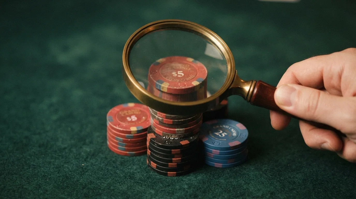 Una pila di fiches da casinò con una lente di ingrandimento che ne rivela il valore reale ridotto