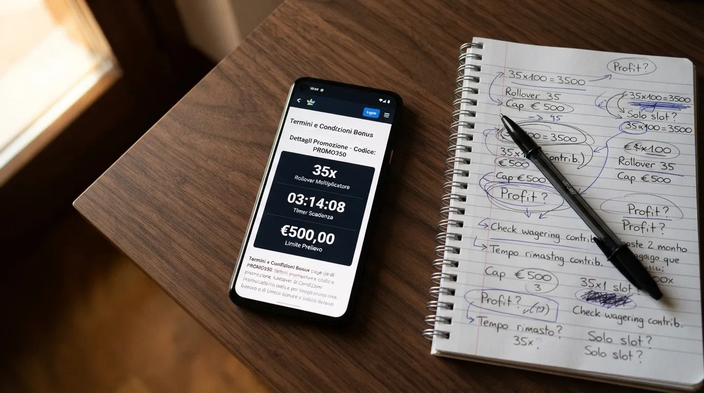Primo piano di una calcolatrice accanto a un telefono con la schermata dei termini del bonus aperti