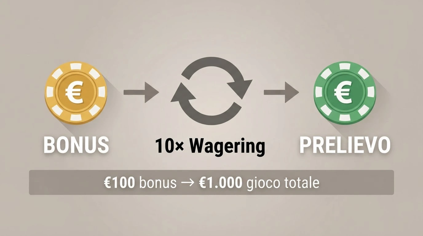 Schema visivo che ilustra il percorso da «bonus acordatato» a «vincita prelevabile» at traverso il moltiplicatore di wagering