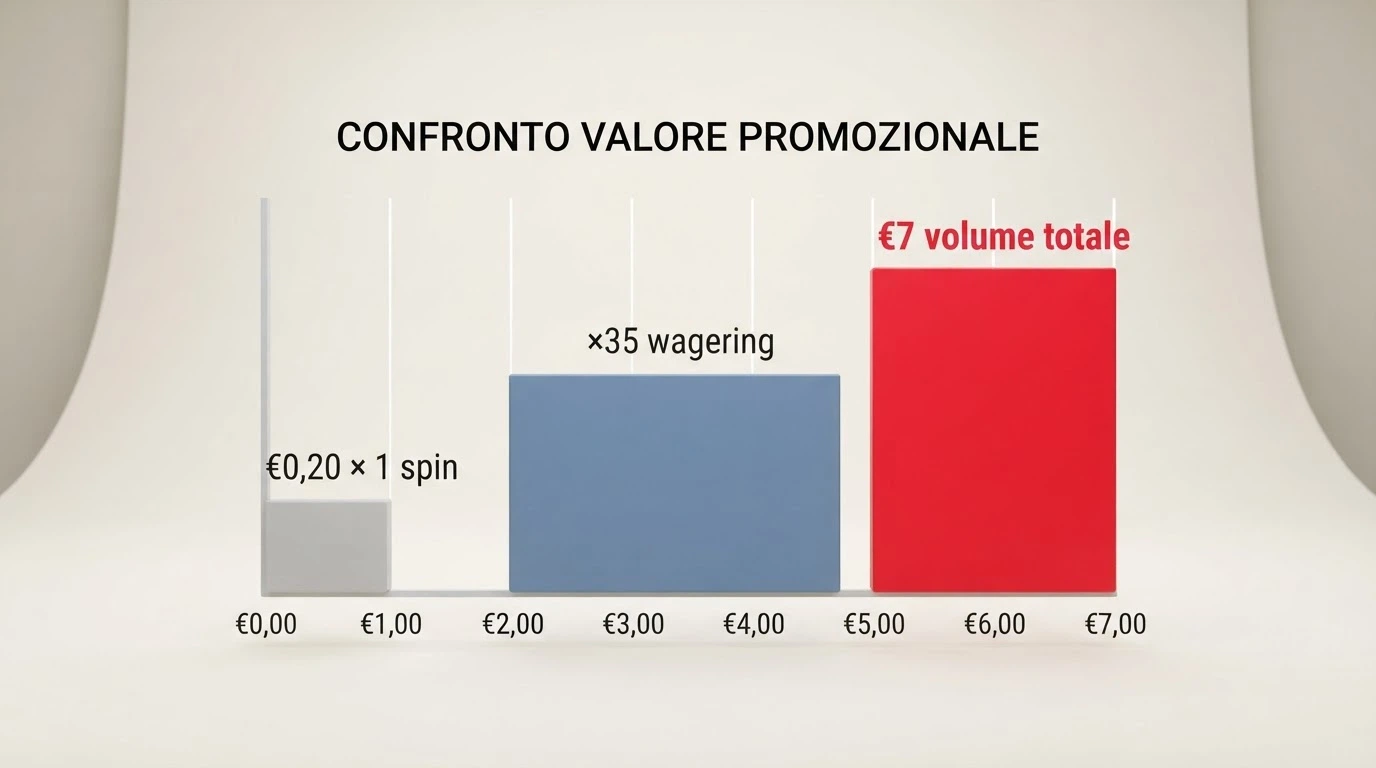 Un foglio di calcolo stilizzato con una colonna di giri gratis, una freccia che moltiplica per il wagering e un risultato finale evidenziato in rosso.