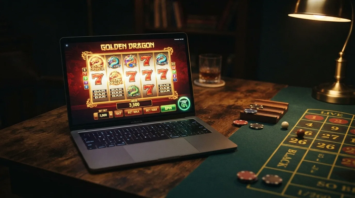 Schermata di slot online e tavolo live con indicatore di cashback attivo