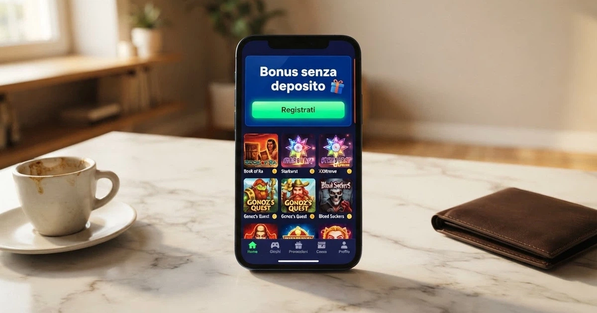 Uno schermo di smartphone che mostra la homepage di un casinò online ADM con un riquadro evidenziato «Bonus senza deposito» e il pulsante di registrazione