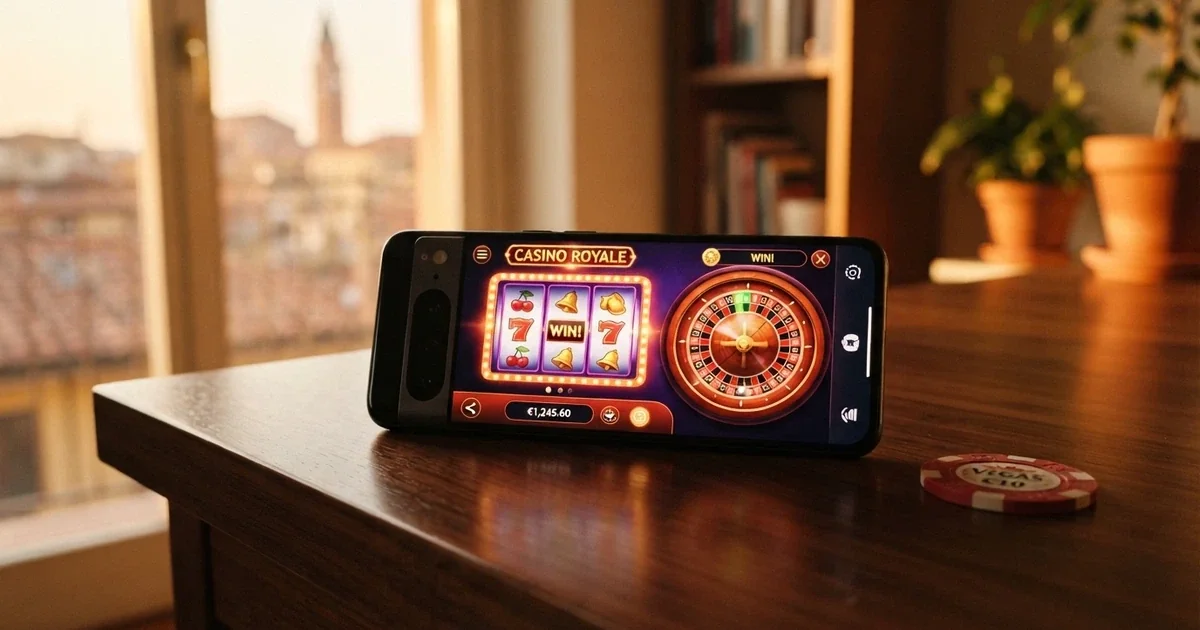 Uno smartphone Android con l'interfaccia di un'app casinò aperta sullo schermo, ambiente luminoso e moderno