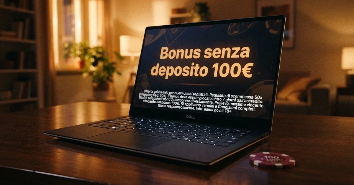 Uno schermo di casinò online con la scritta «Bonus senza deposito 100€» affiancata da condizioni in piccolo su wagering e scadenza