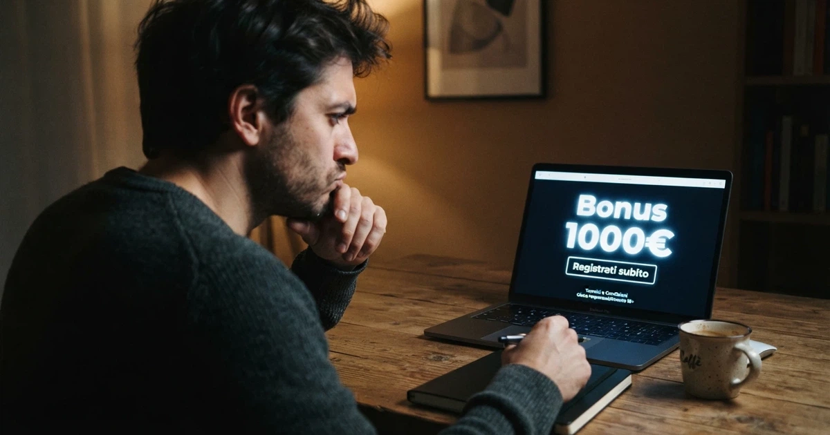Un giocatore osserva con espressione scettica lo schermo di un computer che mostra la scritta «Bonus 1000€» in sovraimpressione su un casinò online