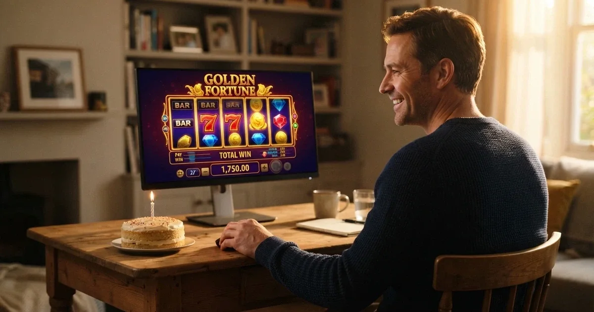 Un giocatore adulto sorride davanti allo schermo del computer, sullo sfondo una torta di compleanno con una candelina accesa e l'interfaccia di un casinò online in italiano visibile sullo schermo