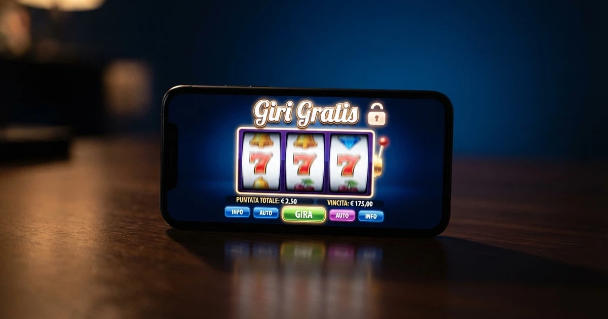 Uno schermo di smartphone che mostra una slot machine con la scritta «Giri Gratis» attiva e il simbolo di un lucchetto aperto, su sfondo blu scuro