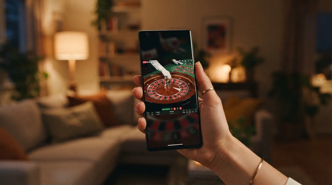 Smartphone con l'interfaccia mobile di un casinò che mostra una partita di live roulette