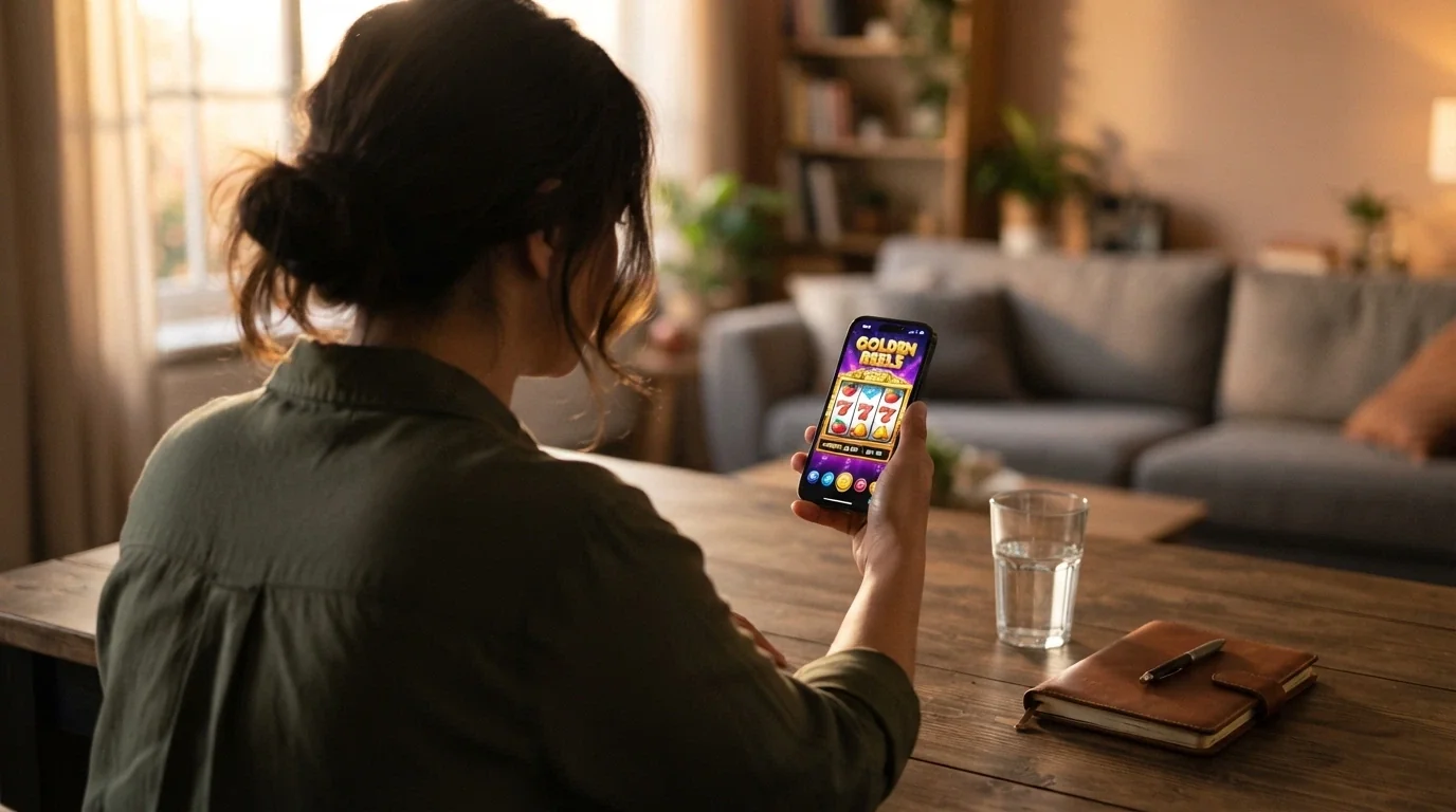 Smartphone in mano a un giocatore con l'interfaccia mobile di un casinò ADM e una slot machine attiva sullo schermo