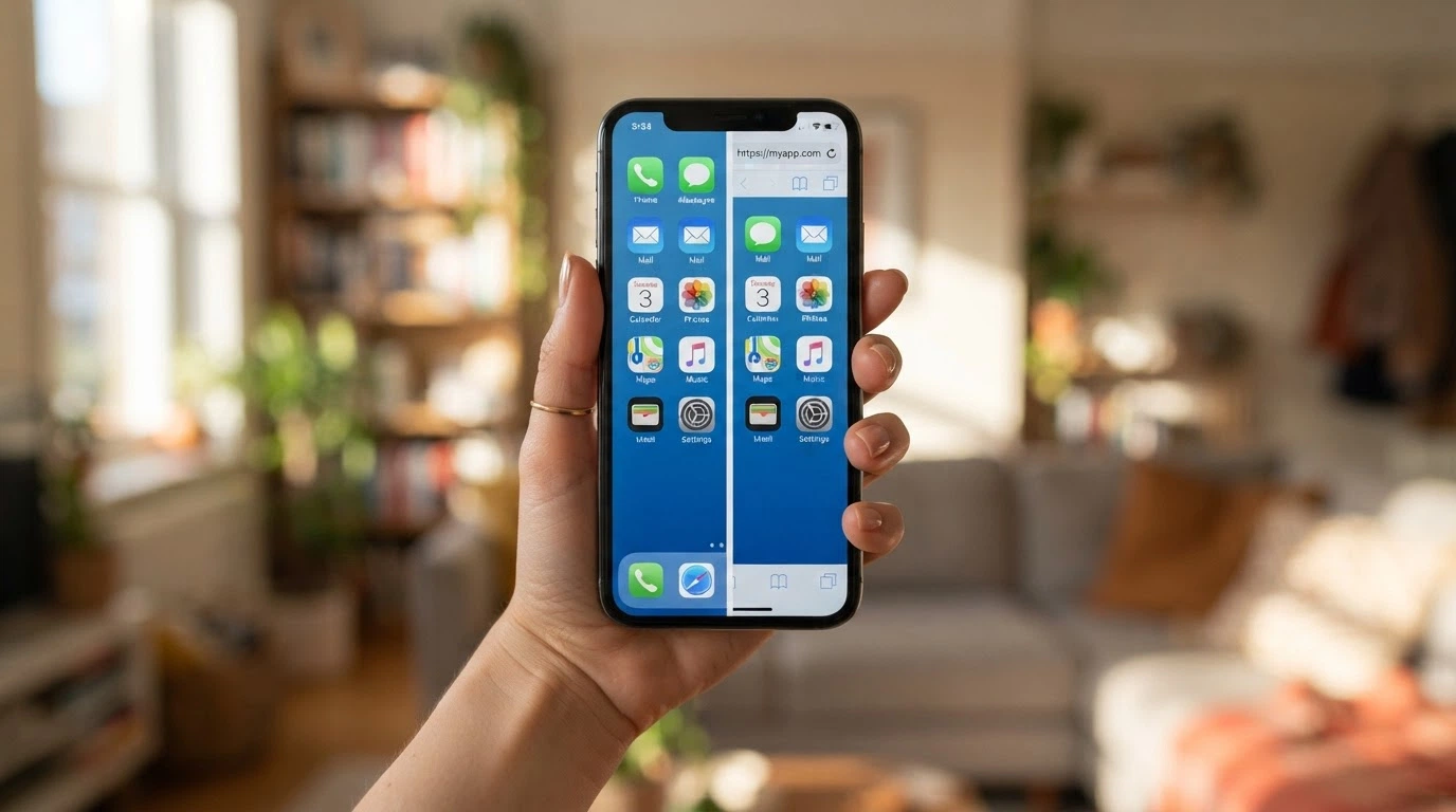 Uno smartphone in mano con lo schermo diviso a metà: a sinistra l'icona di un'app casinò, a destra la stessa interfaccia nel browser.