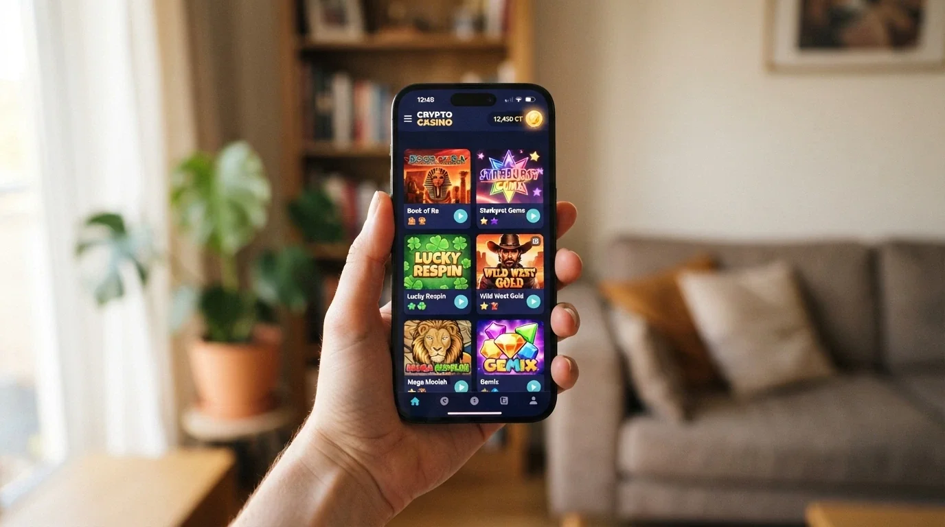 Uno smartphone in mano con l'interfaccia di un casinò crypto in verticale e il logo DOGE