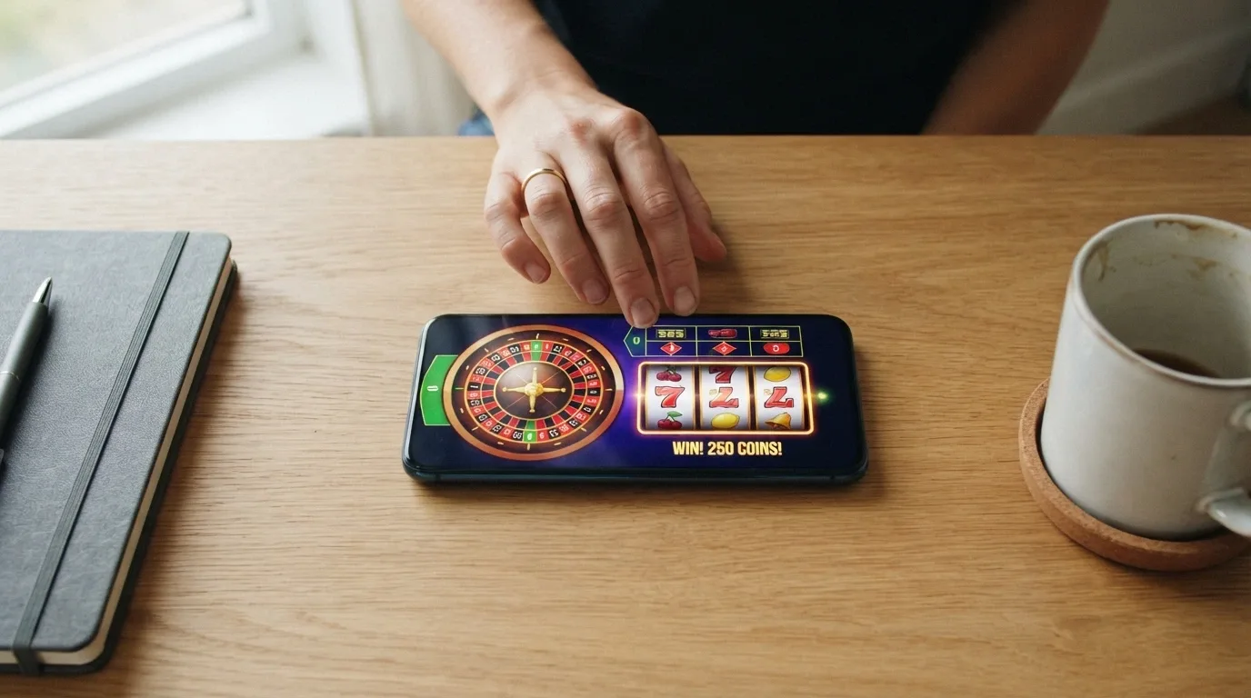 Uno smartphone in mano a un utente con l'interfaccia mobile di un casinò e il logo Postepay visibile nell'area di pagamento