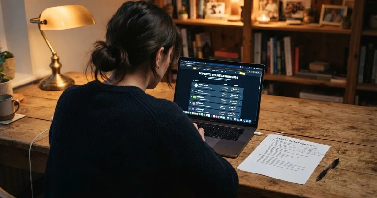 Un giocatore consulta una lista di casinò online sullo schermo di un computer portatile, con documenti aperti accanto