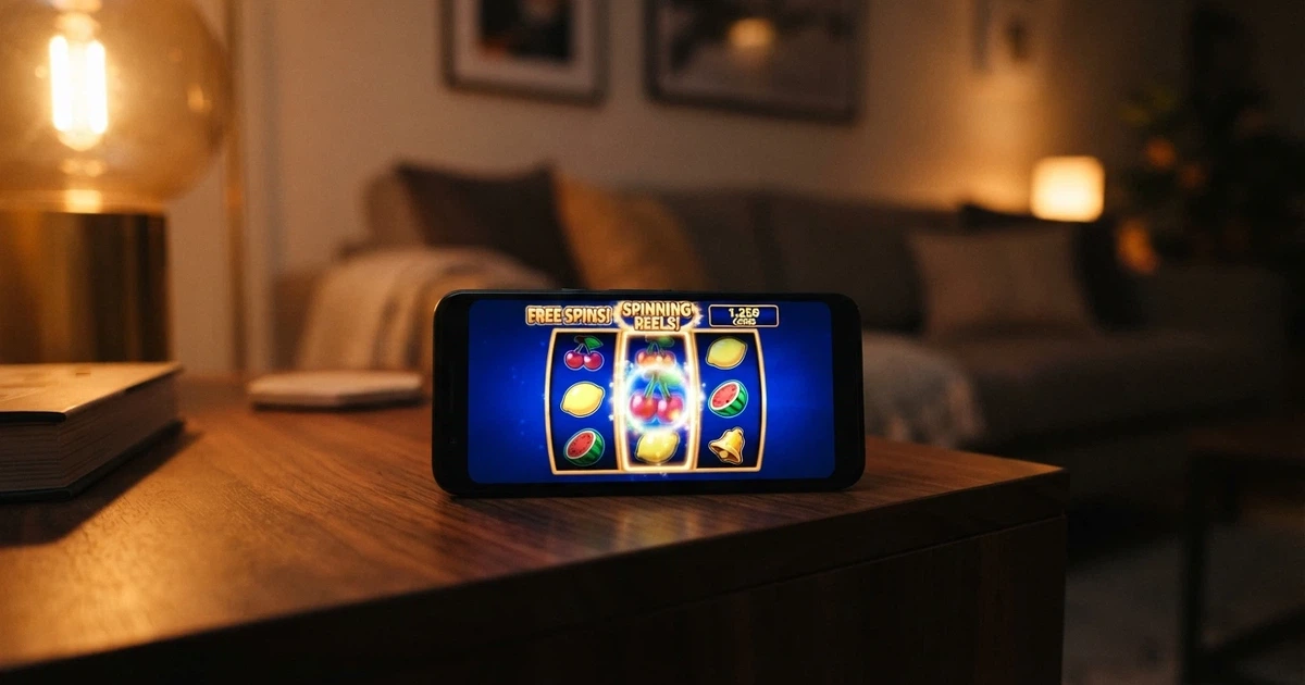 Un primo piano di un telefono con una slot machine a tema frutta sullo schermo, sullo sfondo fuori fuoco un soggiorno illuminato la sera